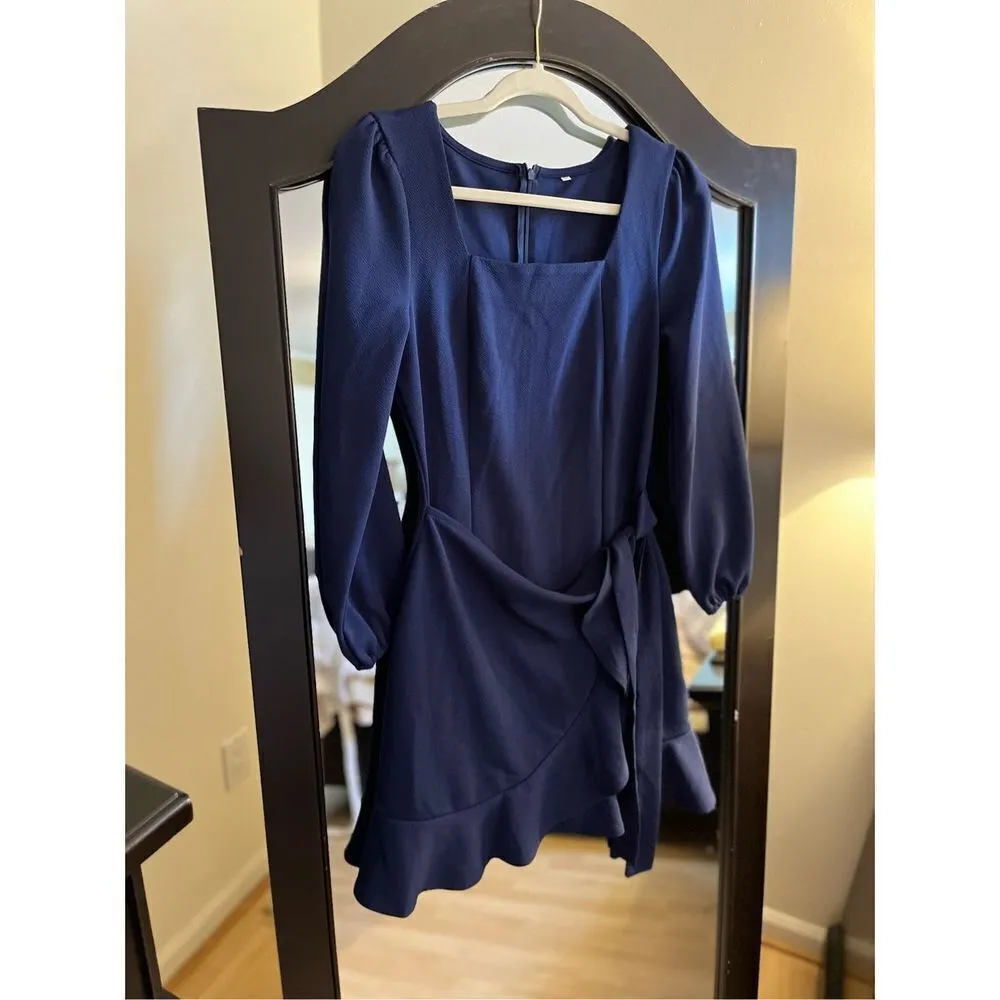 NEW Dress Square Neck Long Tie Waist Wrap Ruffle Hem S - Image 5