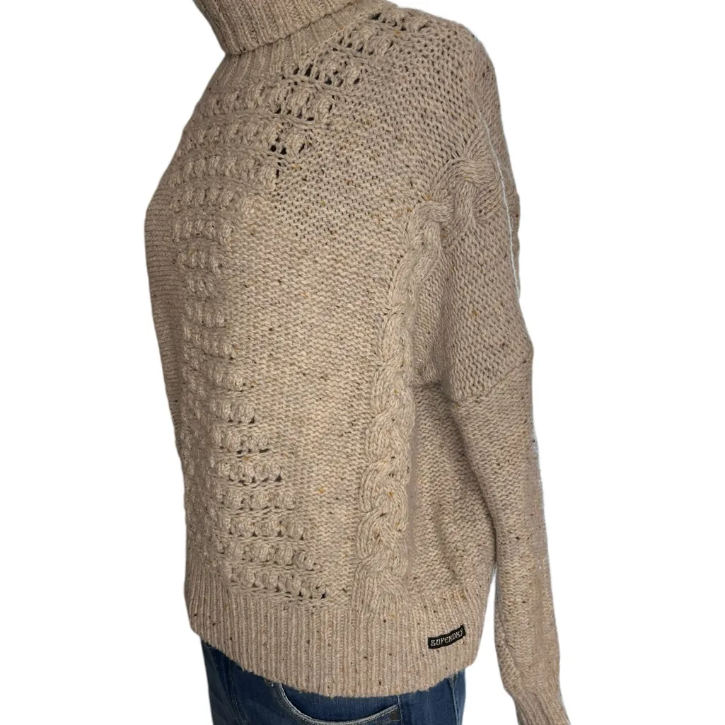 Superdry Sweater Lambs Wool Beige Ivory Chunky Cable Roll Neck Long Sleeve Sz 4 - Image 4