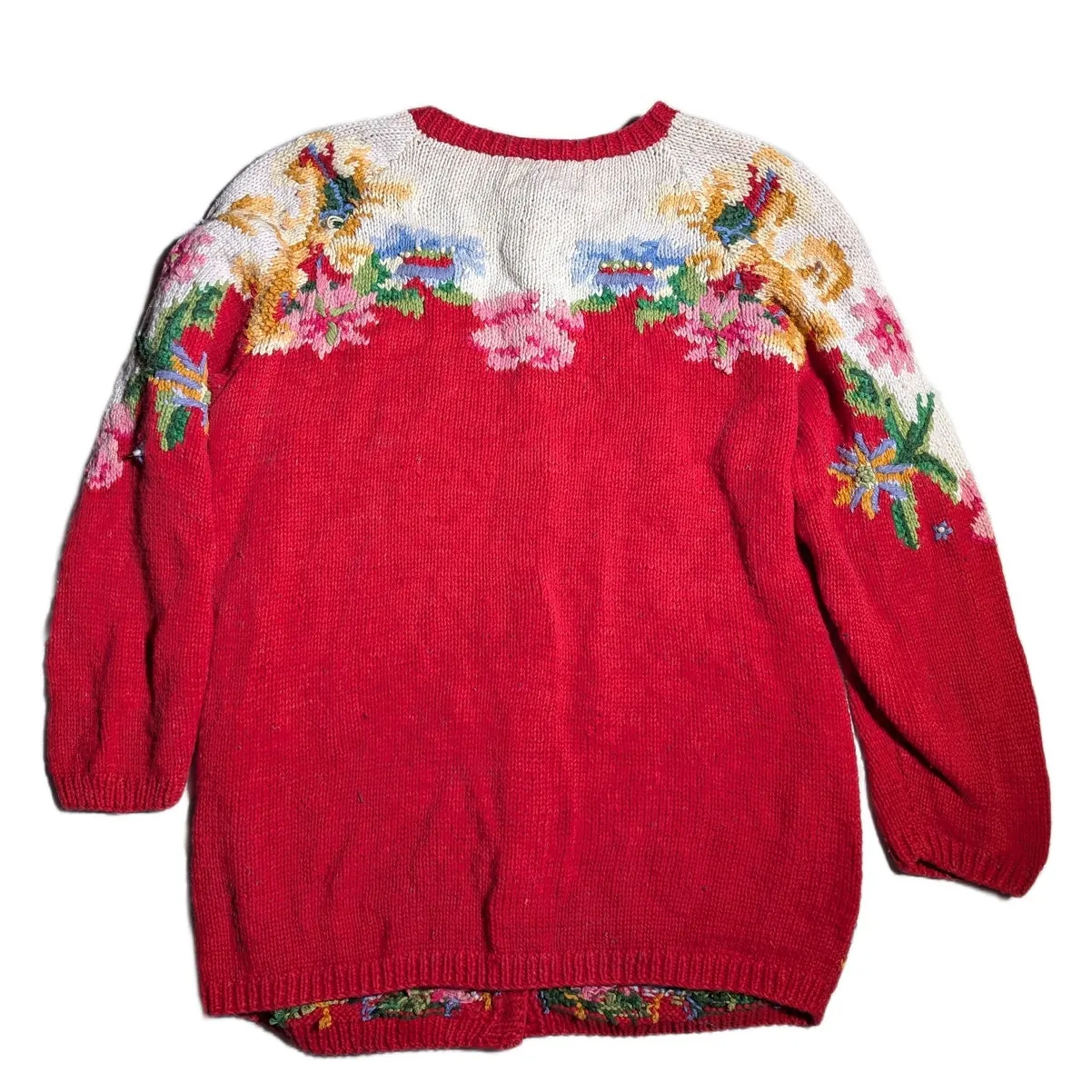 Vtg 1980s Cullinane Red Ivory Floral Chunky Knit Button Up Crew Cardigan Sz L Size L - Image 2