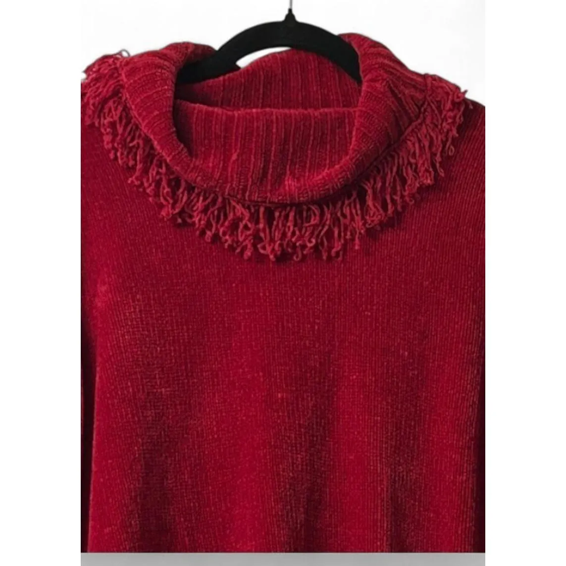 Deep Red Fringe Cowl Neck Sweater Women’s XL Soft Goth Witchy Cabin Core Autumn Red - Image 7