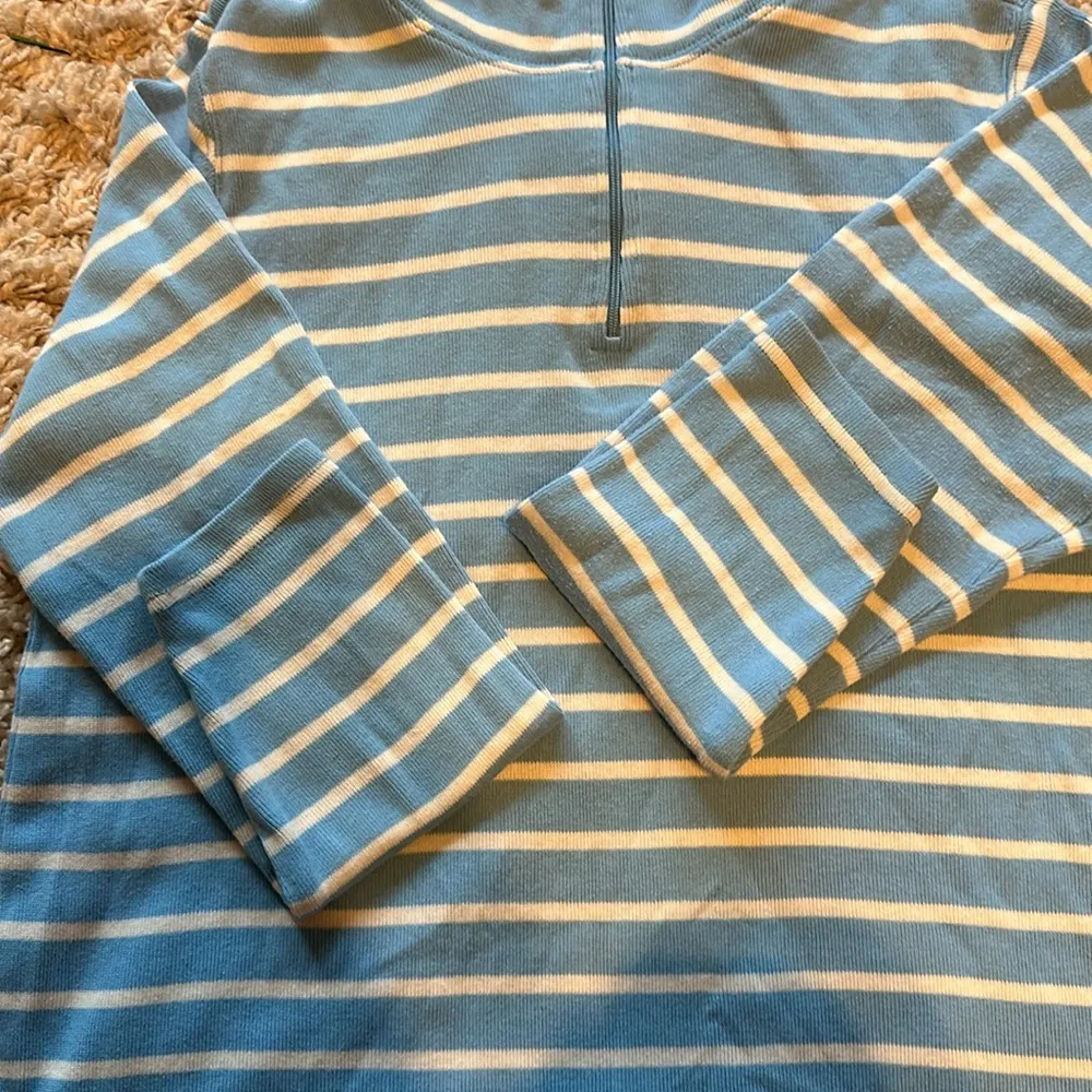 LL BEAN Womens Blue White Stripe 1/4 Zip Mock Neck Long Sleeve Shirt Sz. Large - Image 11