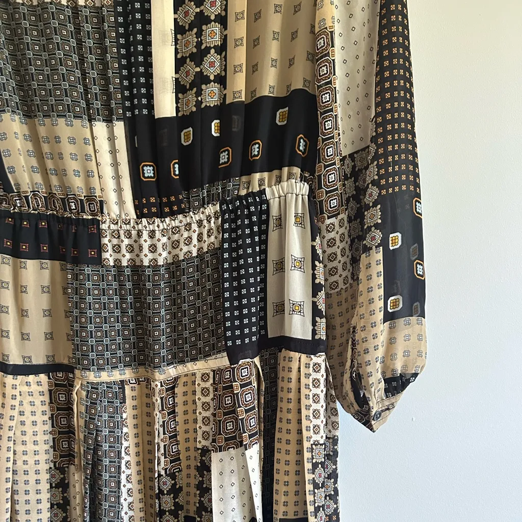 Banana Republic Pleated Long Sleeve Midi Dress Patchwork Foulard Print Size XS - Image 8
