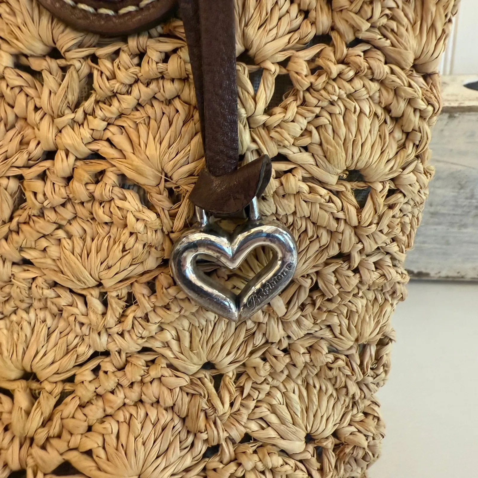 Brighton Joplin Straw Tote Handbag Purse Raffia Woven Leather Trim Charm Boho - Image 6