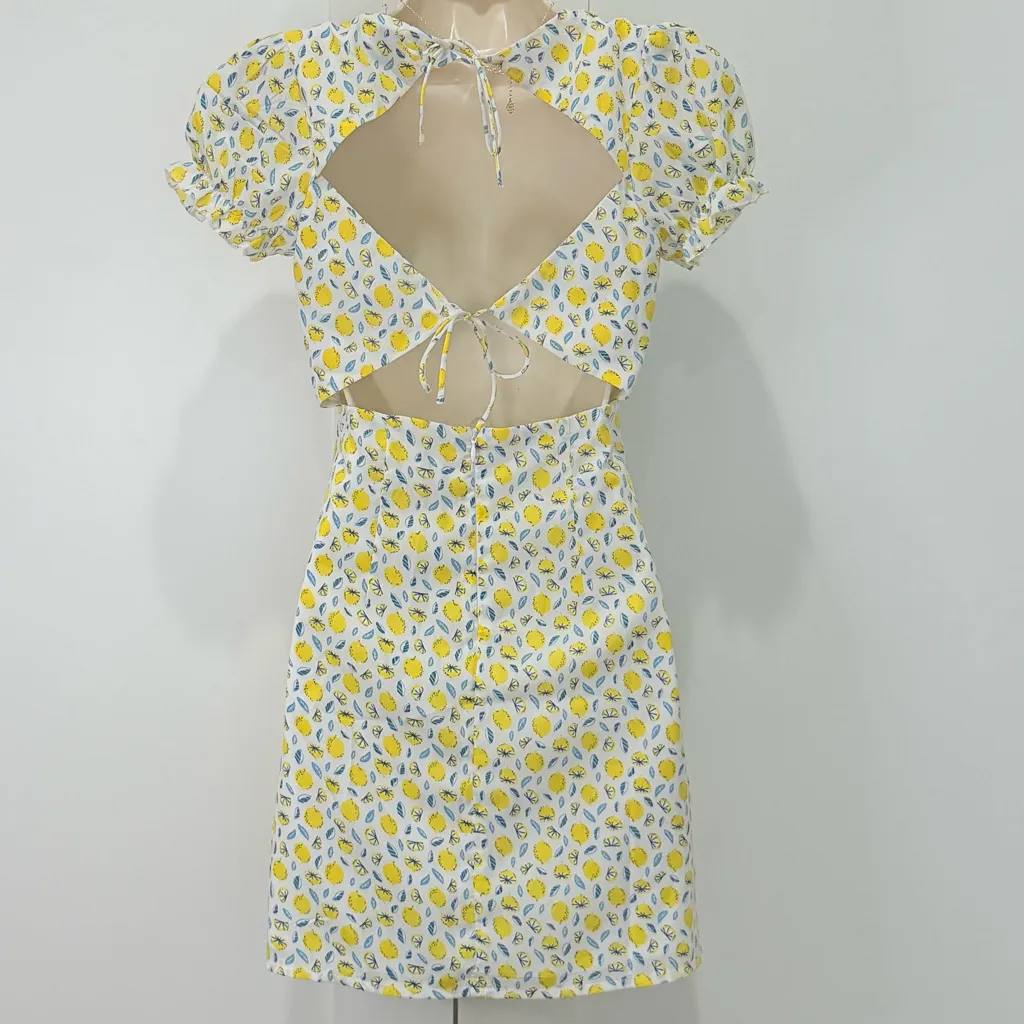 Princess Polly Kasey Mini Dress Yellow Multi Lemons Puff Sleeve Size 2 Summer - Image 5