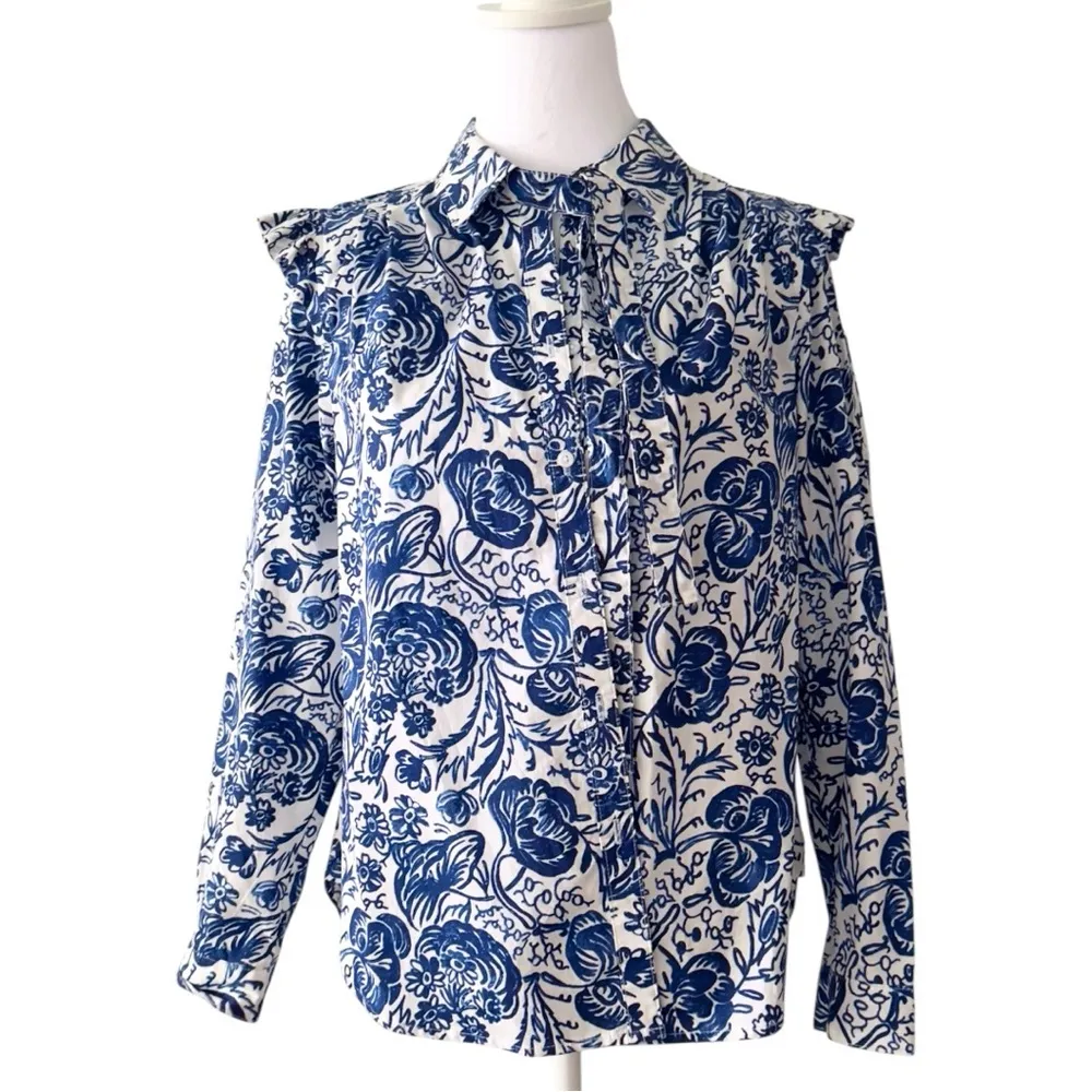 Charter Club Top Floral Long Sleeve Button-Up Ruffled Collar Blue White PM - Image 1