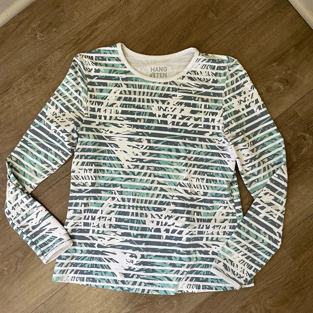 Hang Ten Long Sleeve Sun Shirt Striped Floral Back Zip Pocket ~ Women’s Size M - Image 3