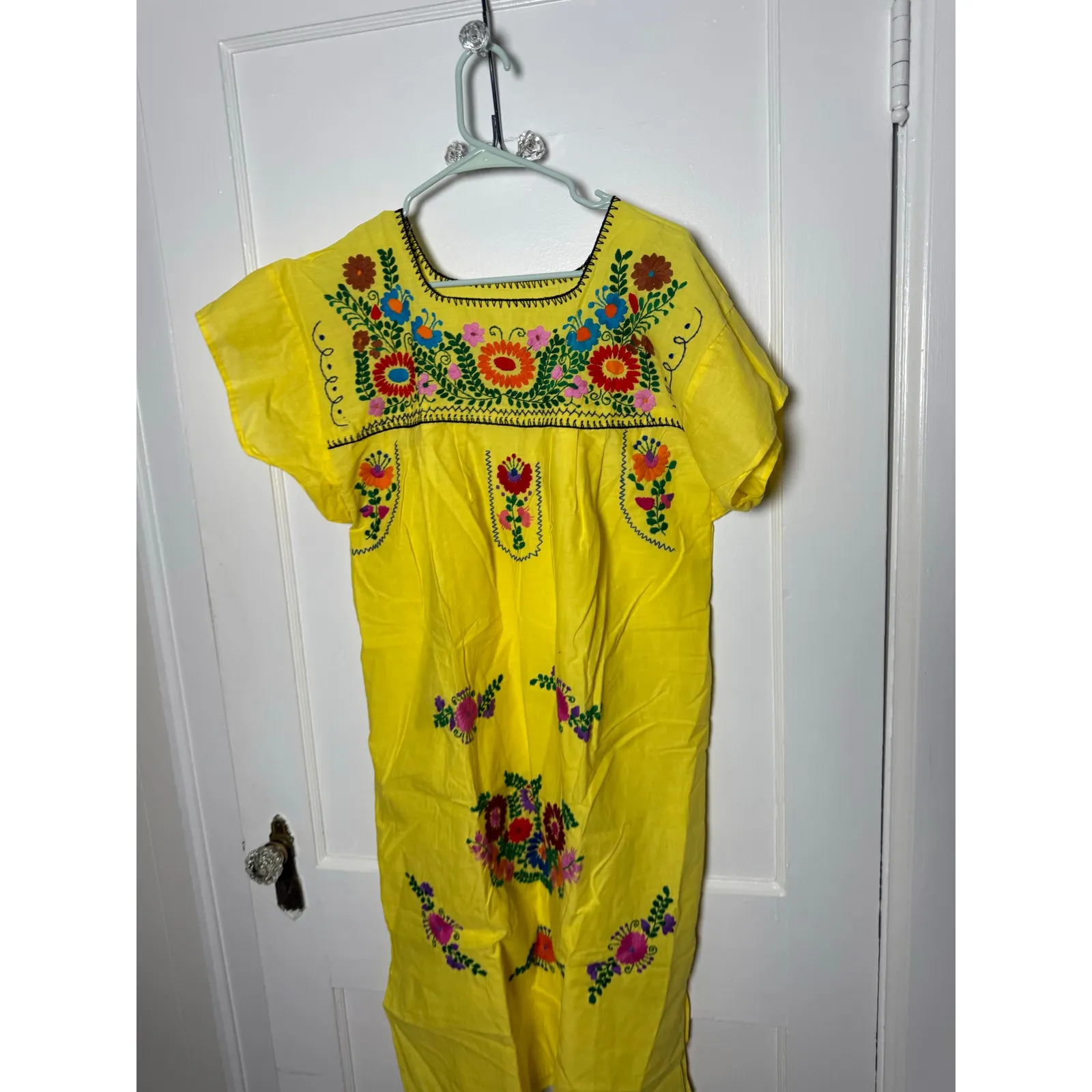 Vintage 70s Hand Embroidered Mexican Oaxaca Dress Yellow Floral Midi Medium - Image 2