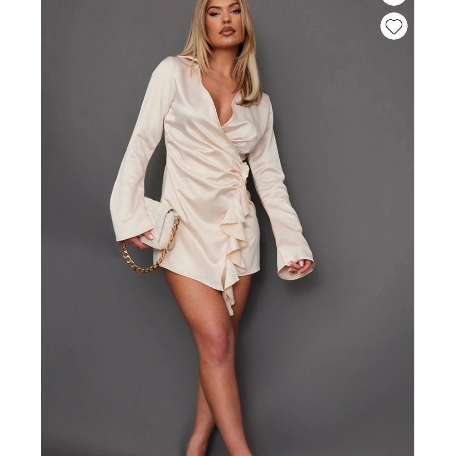 Prettylittlething Cream Satin Wrap Frill Dress Long Sleeve Womens 4 Ruffle - Image 2