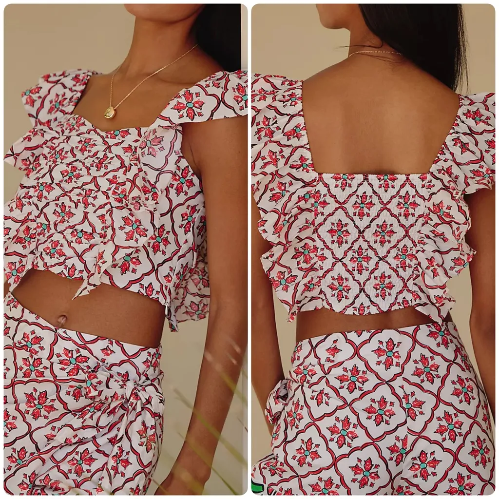 Ro's Garden Caracas Cotton Flutter-Sleeve Square-Neck Blouse Red Pompeii - Image 2