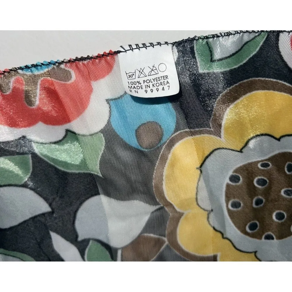 Vintage Space Age Scarf Black Floral Flower Print 20" Square Polyester Womens - Image 4