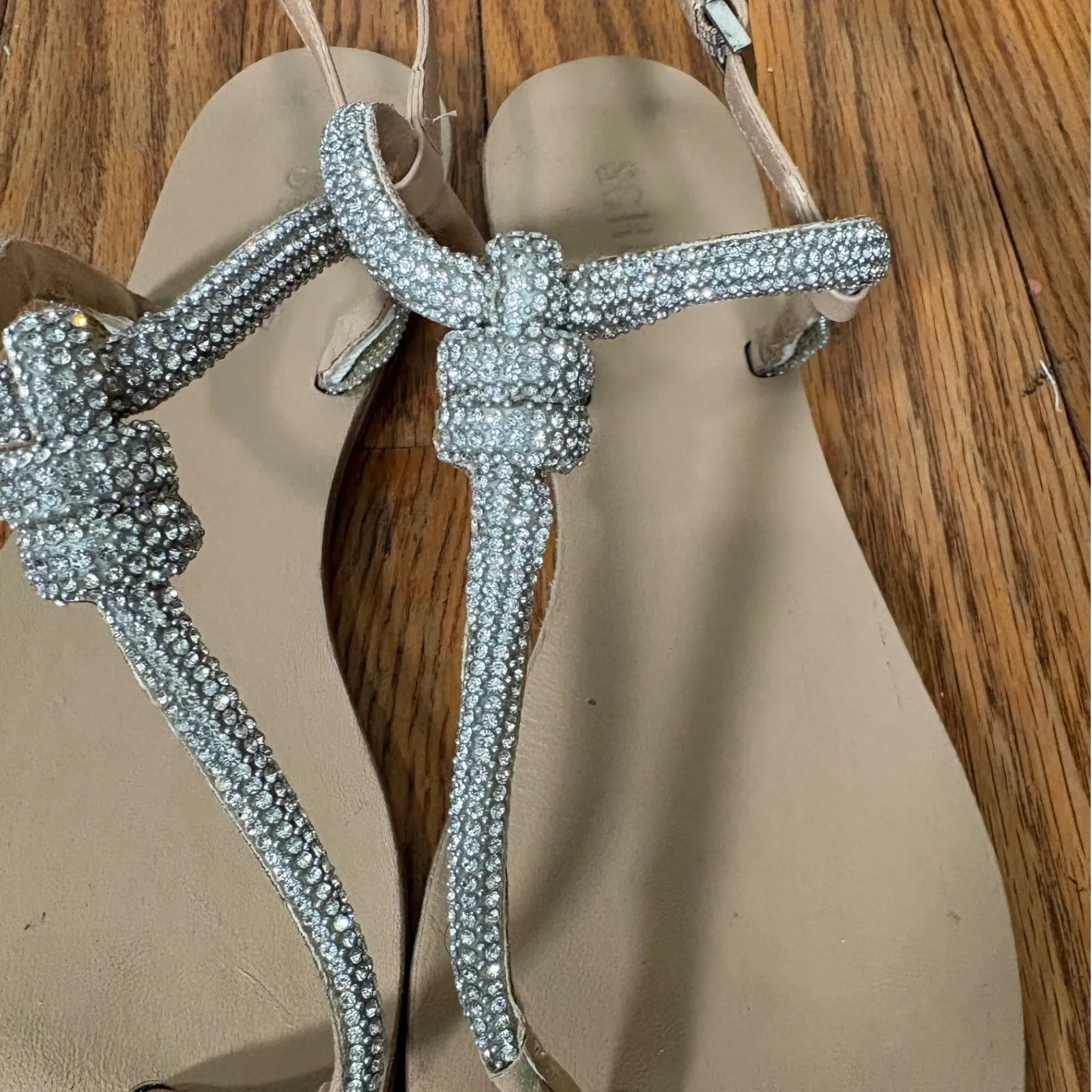 SCHUTZ Embellished Rhinestone T-Strap Sandals Tan Size 10 - Image 3