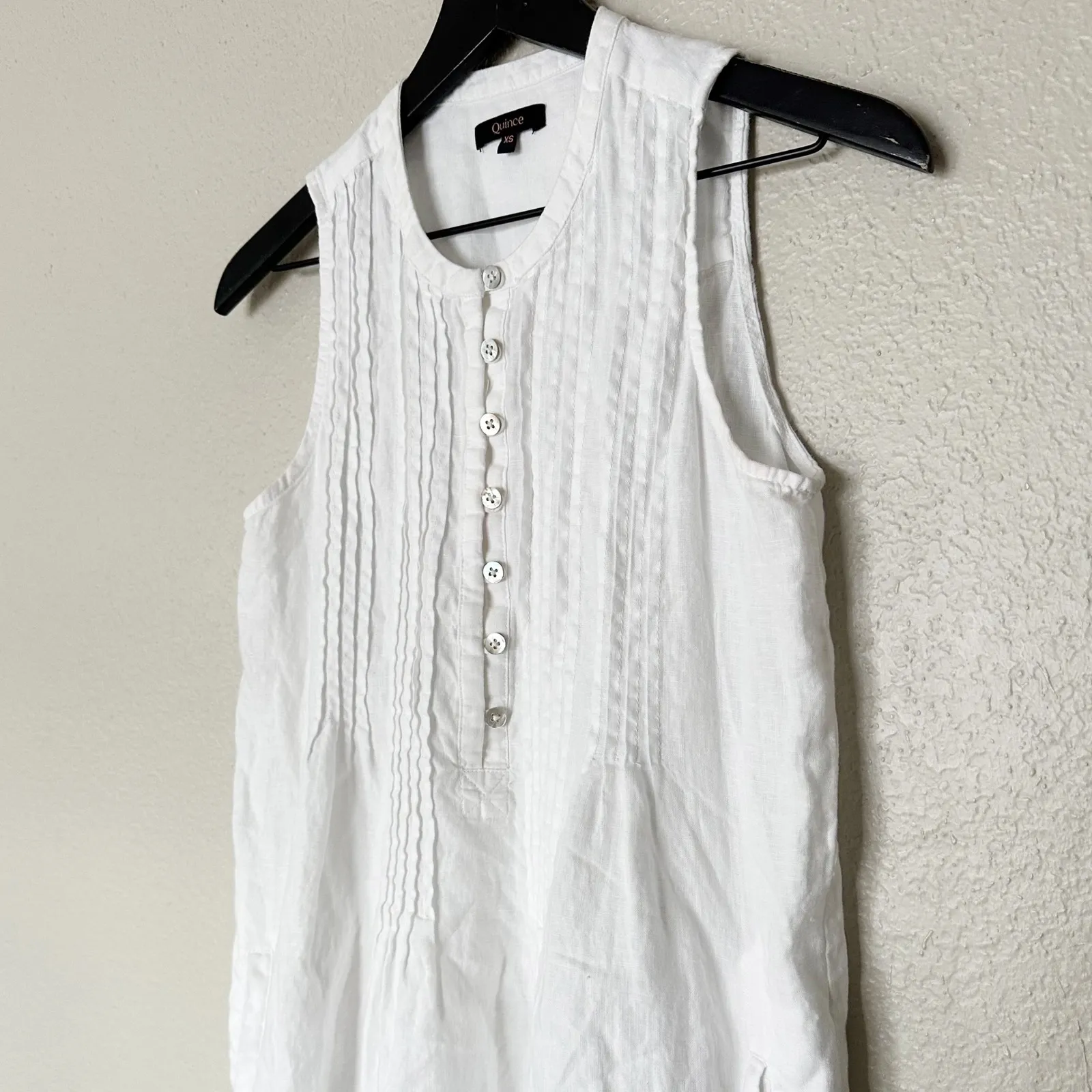 Quince 100% European Linen Sleeveless Swing Dress Pintuck Button Front XS White - Image 4