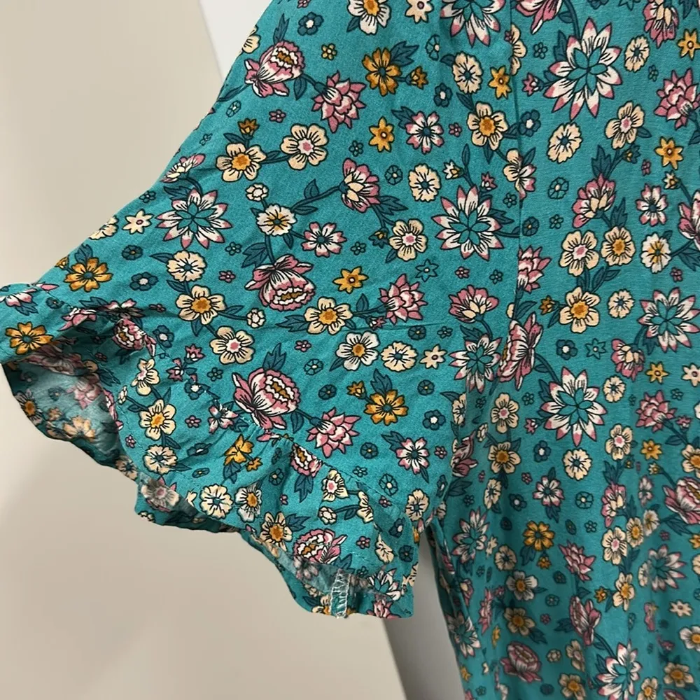 Sunday Up Teal Floral Short Sleeve Half Button Tie Neckline Dress Womens Medium Blue - Image 10