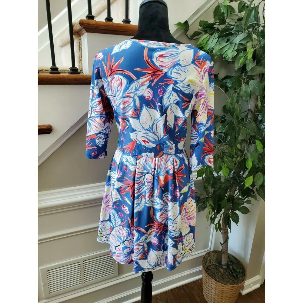 Aryeh Women's Floral Blue Nylon Round Neck Long Sleeve Knee Length Dress Size S - Image 7