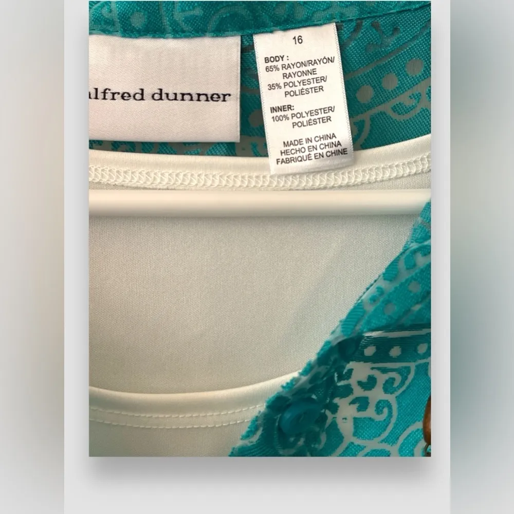 Alfred Dunner Womens Tunic Button Up Top SZ 16 Turquoise Sheer 3/4 Sleeve NWT - Image 3