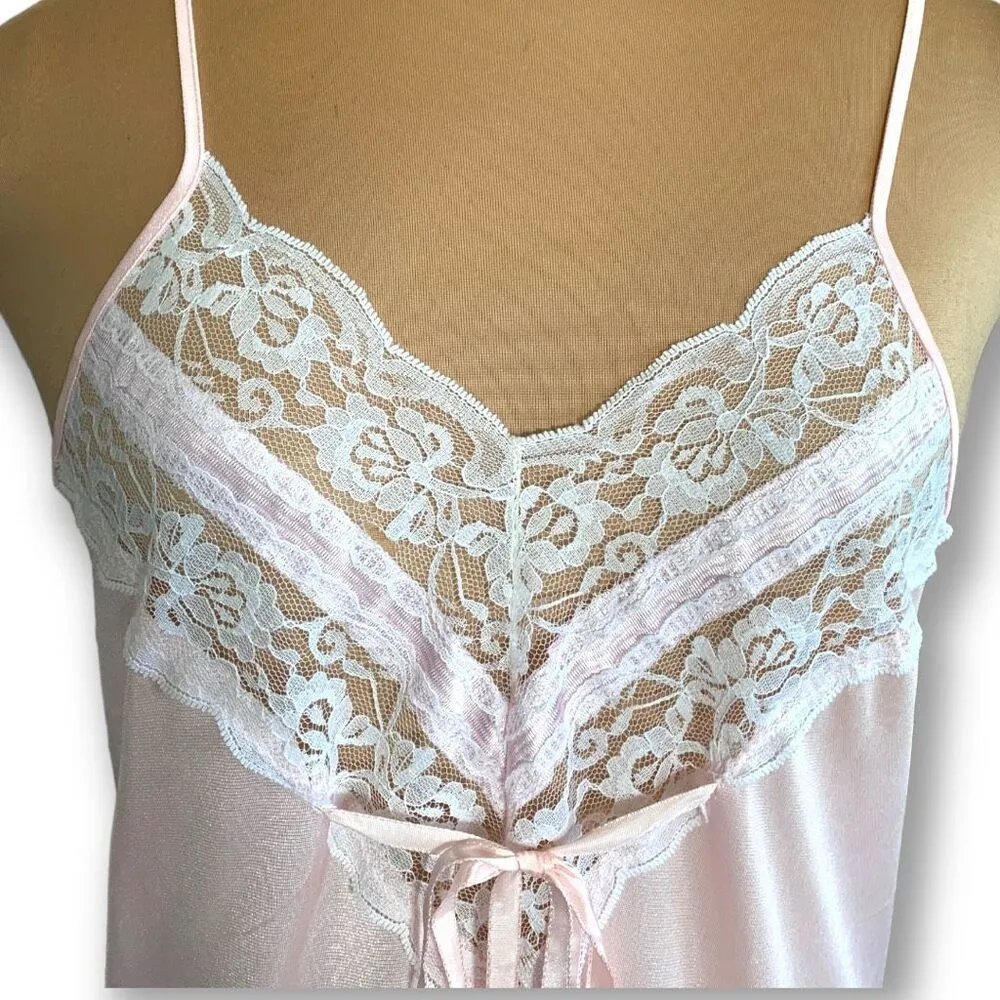 Vintage 60s Slipdress Chemise Nightgown Pastel Pink Nylon Sleeveless Lace Dress Size M - Image 6