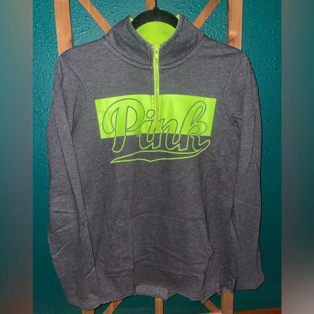 Victoria's Secret PINK Charcoal and Neon Green Quarter Zip - Image 2