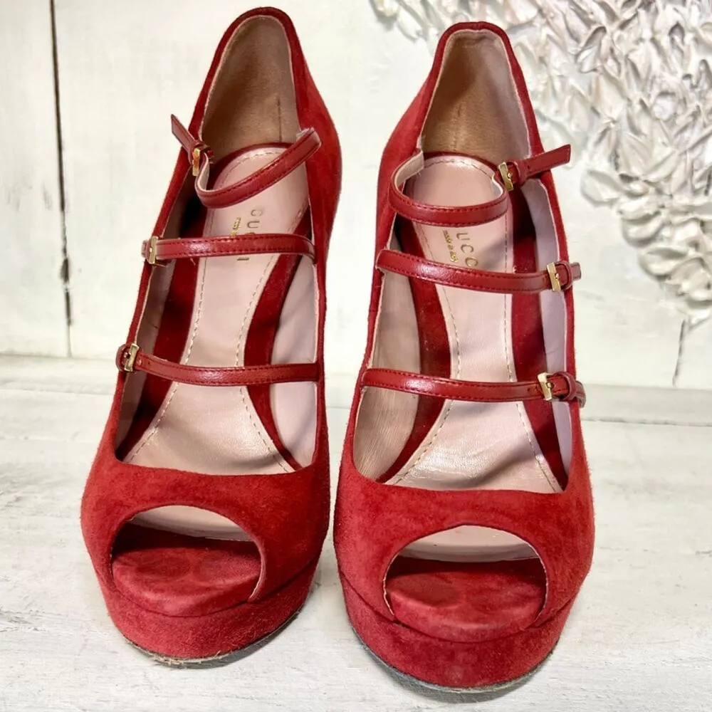 Gucci Lisbeth Suede Strappy Peep Toe Stilettos Heel Pumps Rose Bed Women's 38.5 - Image 5