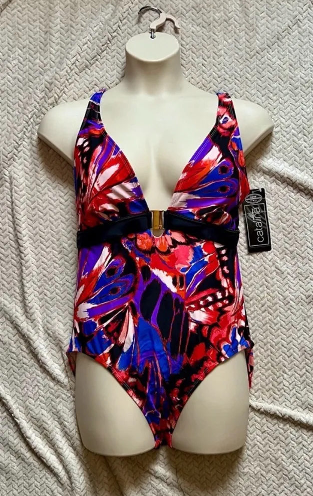 Catalina Vibrant Multicolor Women’s One Piece X-Back Tank Swimsuit, Royal Print - Image 1