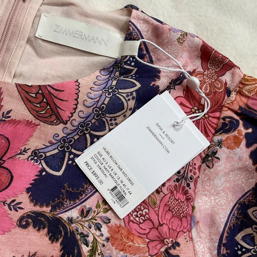 NWT Zimmermann LAUREL BILLOW EMB MIDI DRESS pink purple linen AU2 bust 36 S - Image 3