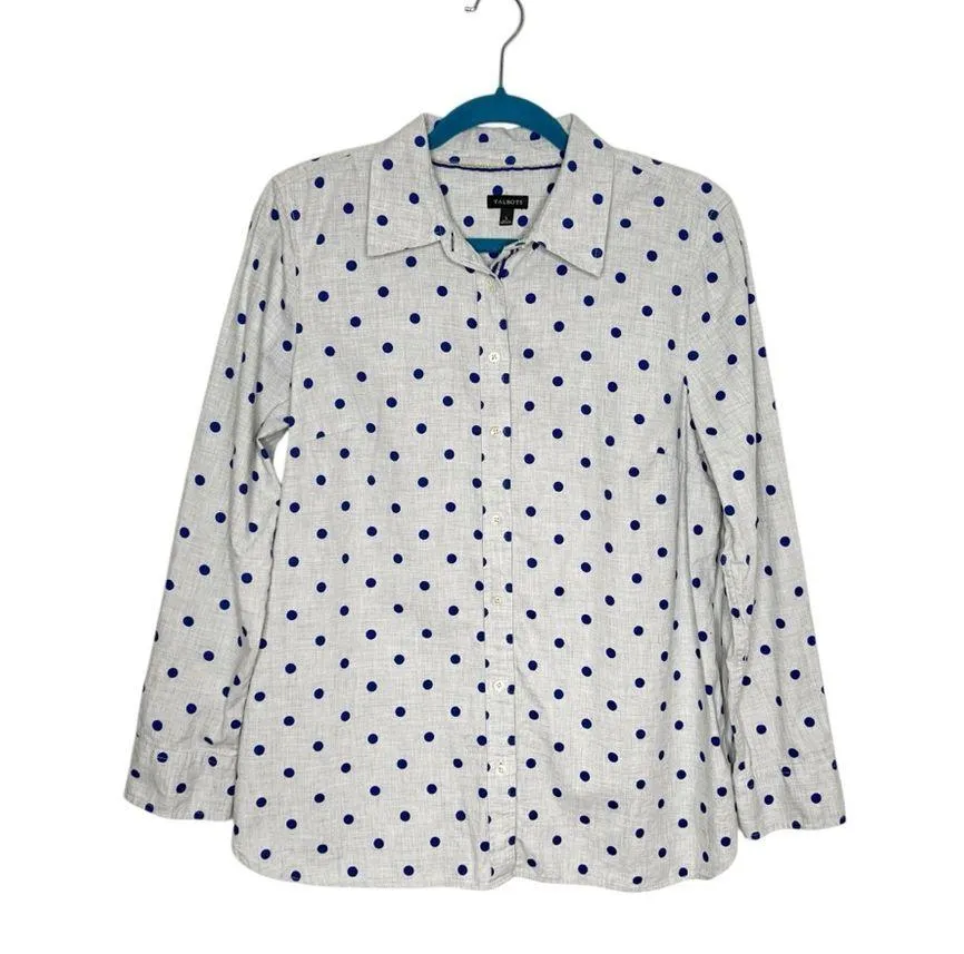Talbots 100% Cotton Flannel Light Gray & Blue Polka Dot Button Front Shirt - Image 2