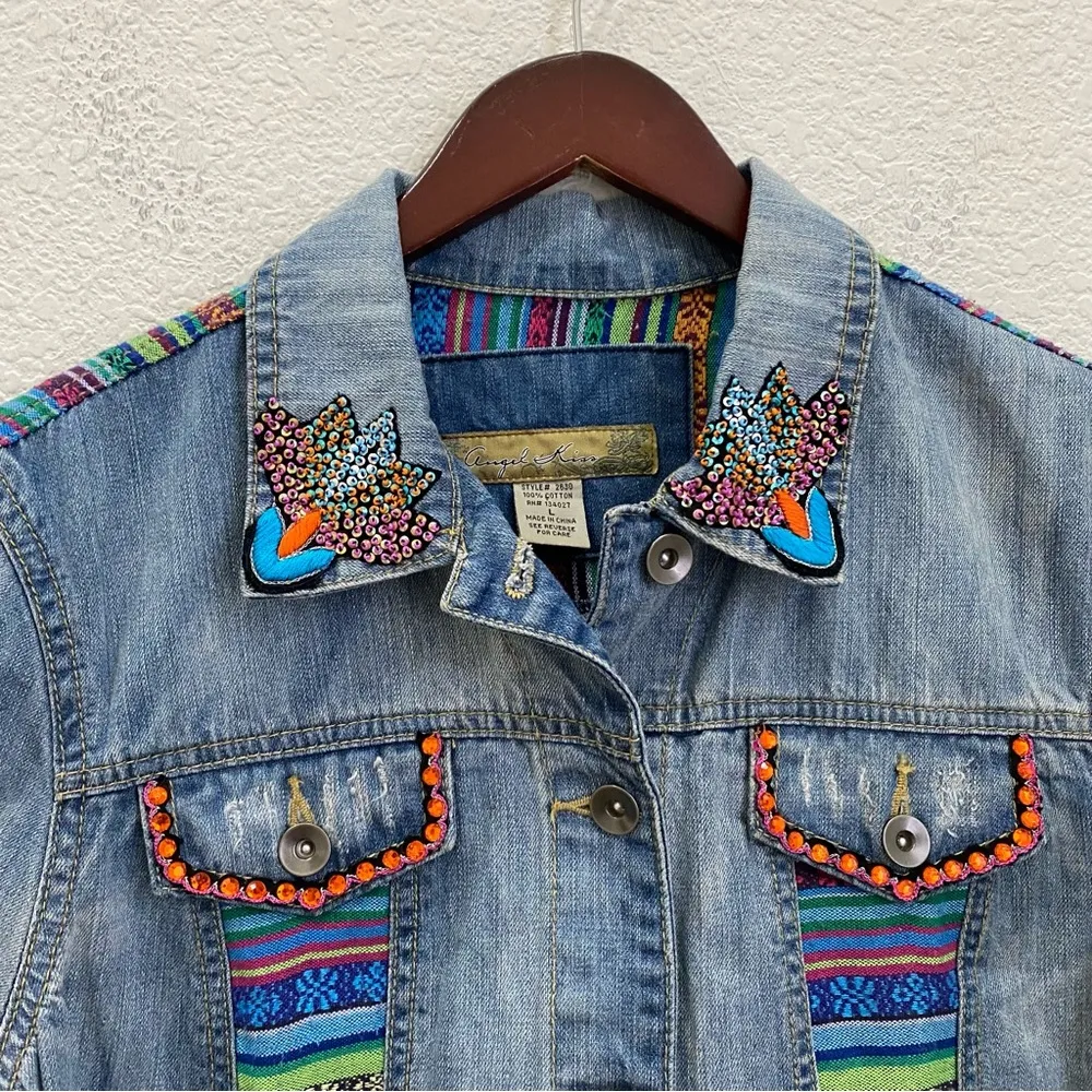 Customized Embroidered Patch Peacock Denim Jean Jacket Size M - Image 8