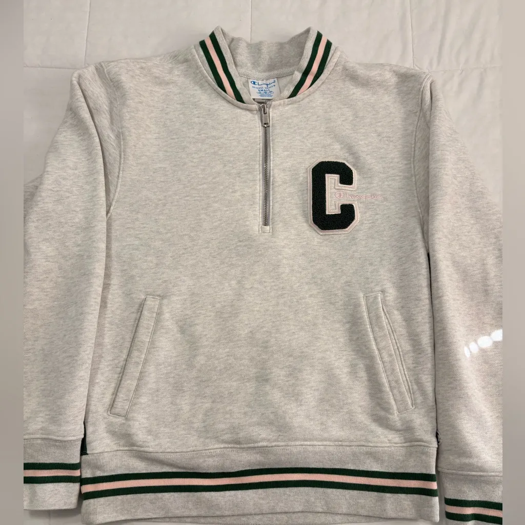Champion Sweatshirt Reverse Weave Gray Green Pink Pipping Zip Pockets - Image 2