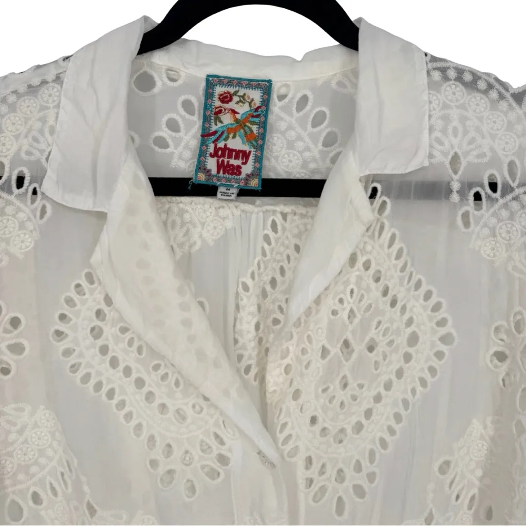 Johnny Was Marietta Short Sleeve Eyelet Button Down Shirt White Medium Spring - Image 6