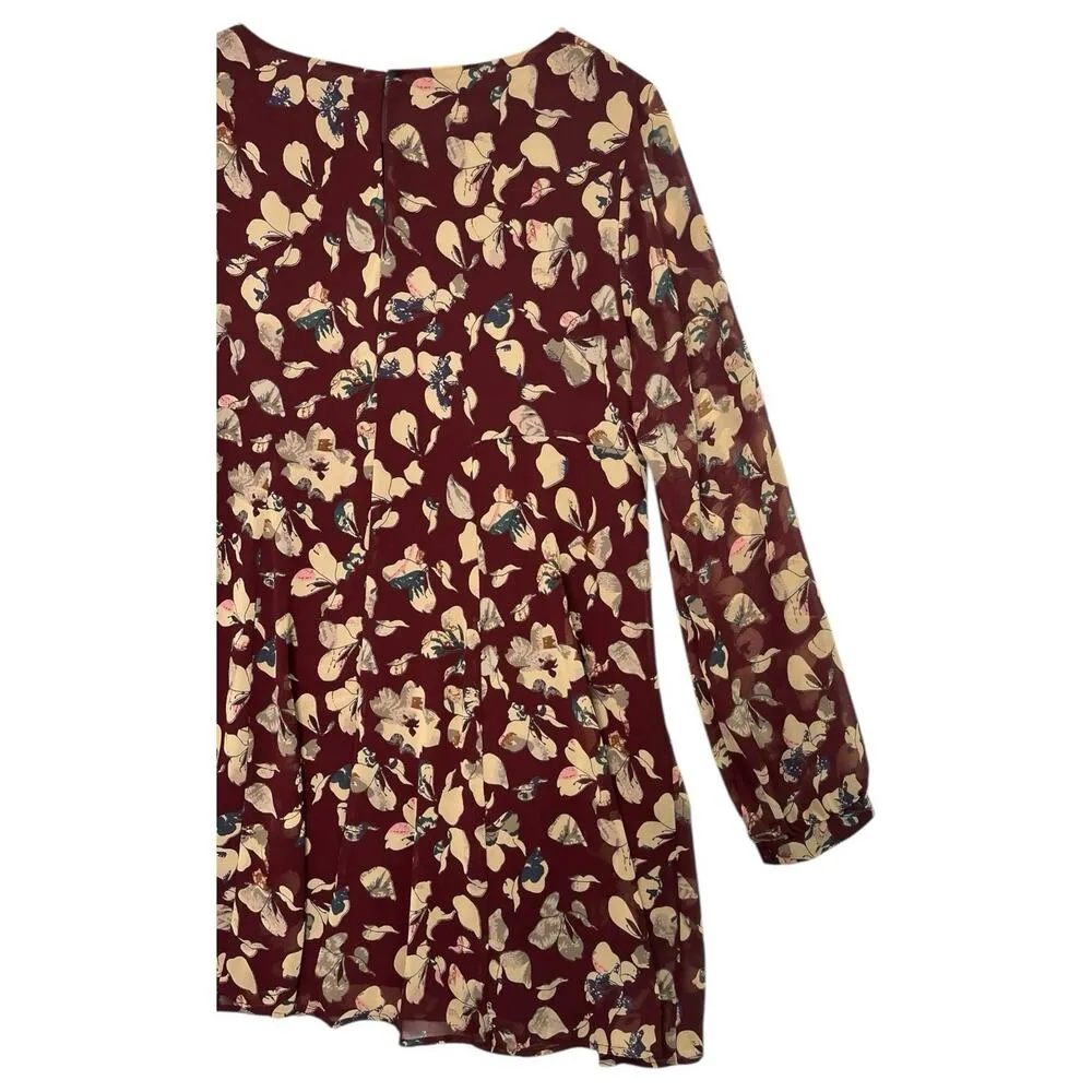ASTR Dress Womens Medium Red Maroon Floral Sheer Chiffon Long Sleeve Swing Girly - Image 8
