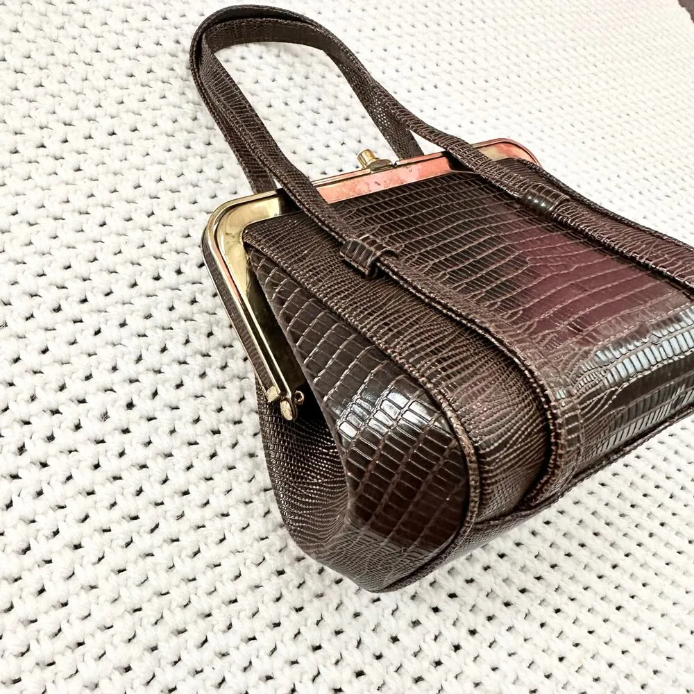 After Five Brown Reptile Textured Leather Framed Small Evening Bag Vintage - Image 4