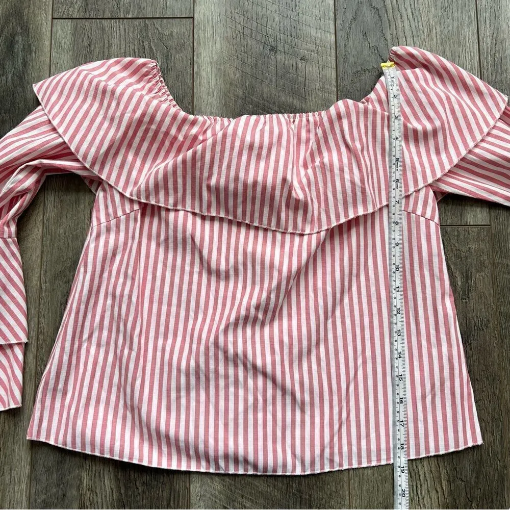 Hyfve Pink Striped Ruffle Off the Shoulder Top Long Bell Sleeve Shirt Size Small - Image 9