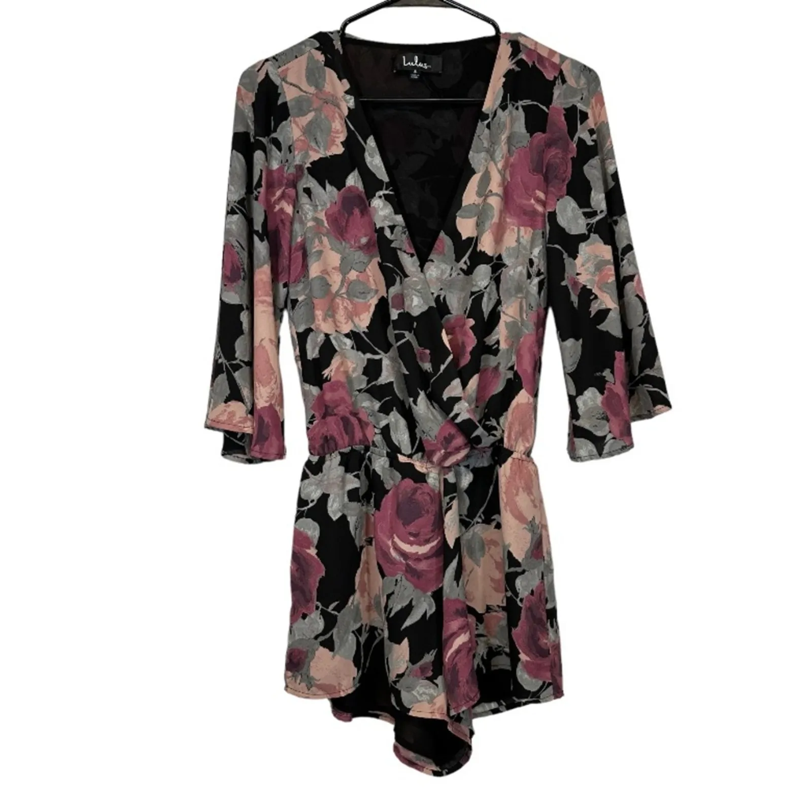 Lulus What’s Bloomin Bell Sleeve‎ Black, Pink & Gray Floral Romper Size S - Image 3