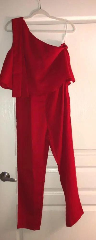 Red One Shoulder tie Jumpsuit - Image 4