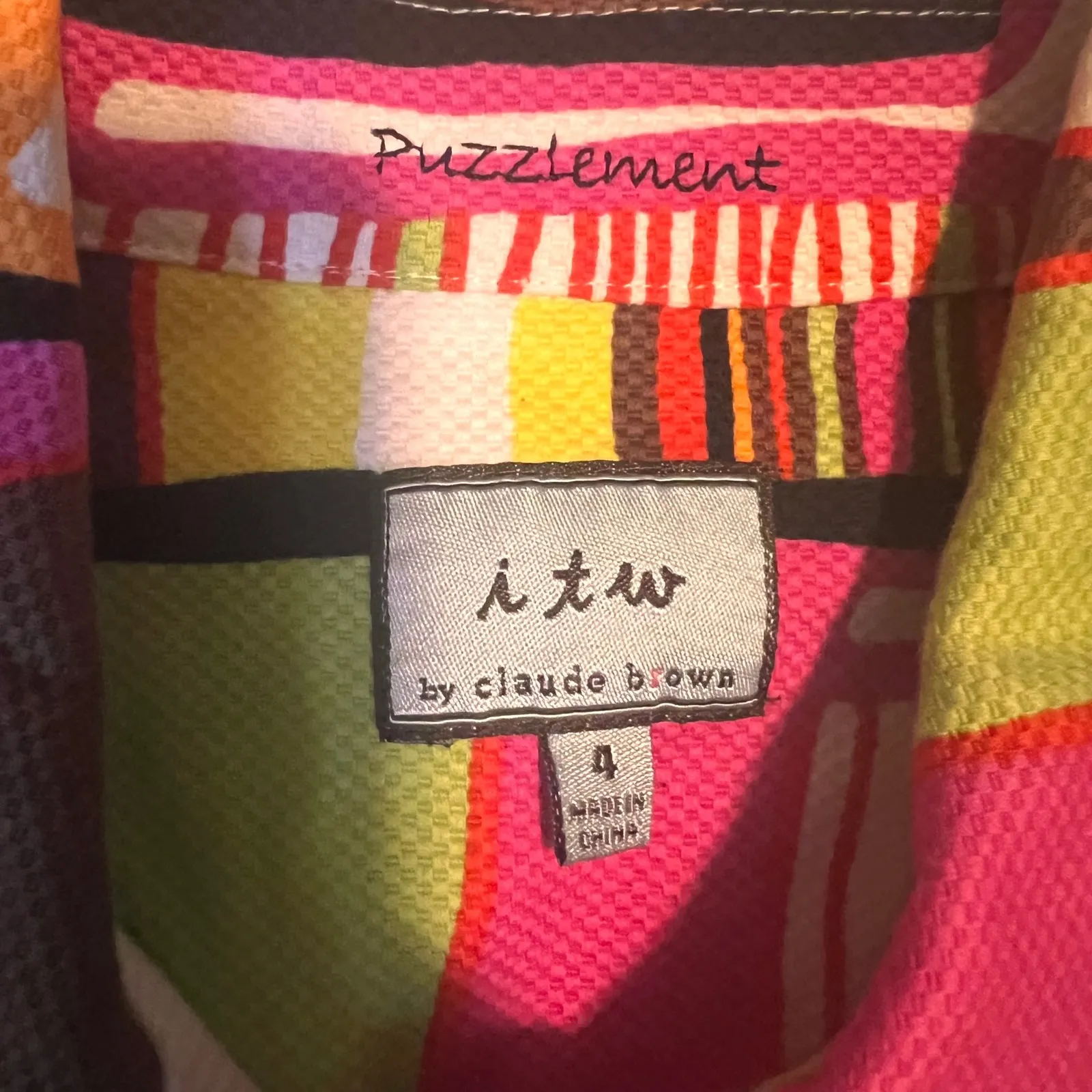 ITW by Claude Brown Puzzlement Jacket Size 4 Abstract Print Button Up Colorful Yellow - Image 2