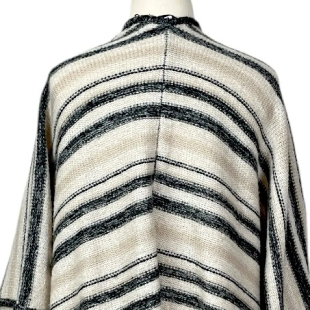 Kensie Sweater Cardigan Knit Poncho Fringe Hem Cream Gray Stripe Womens One Size - Image 8