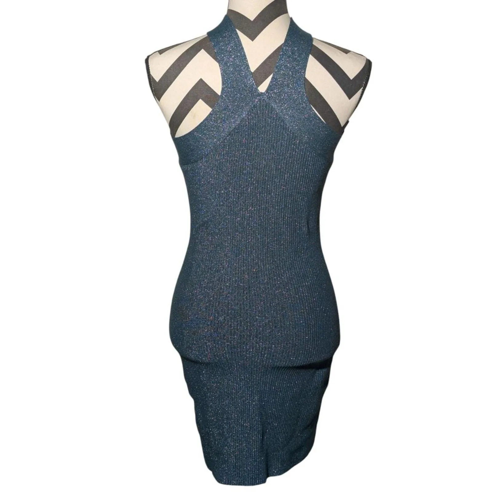 Sincerely Jules Blue Green Metallic Ribbed Knit Halter Mini Dress S Y2K Bodycon - Image 4