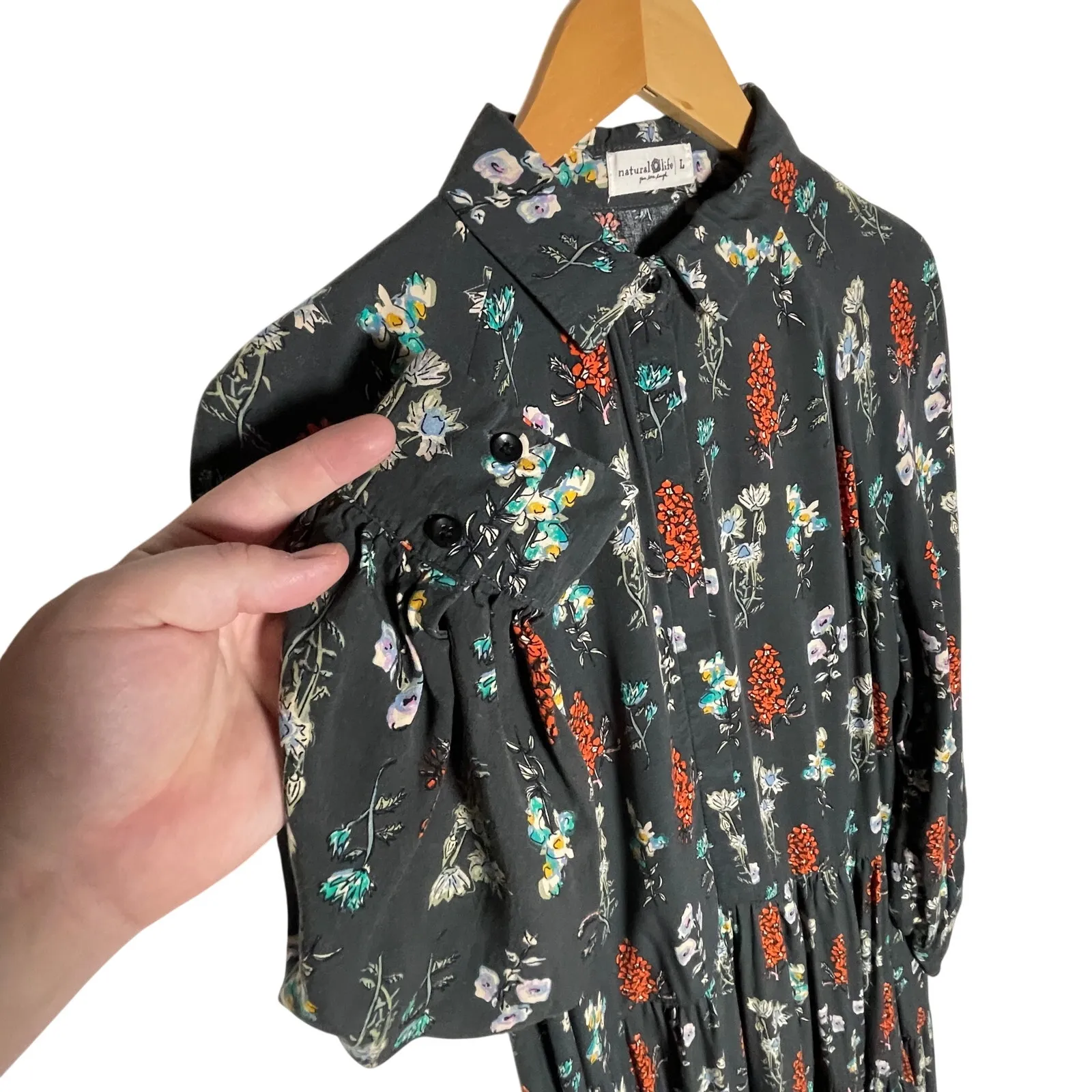 NATURAL LIFE Women’s Boho Long Sleeve Gray Floral Tiered Midi Dress - Image 3