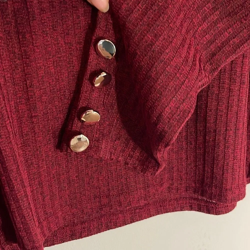 C'Est La Vie Womens Mock Neck Sweater Ribbed Long Sleeve Button Cuff Maroon XL Red - Image 3