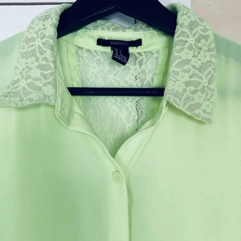 Forever 21 Y2K Neon Highlighter Yellow Sheer Sleeveless Button-Up Blouse Size L - Image 5