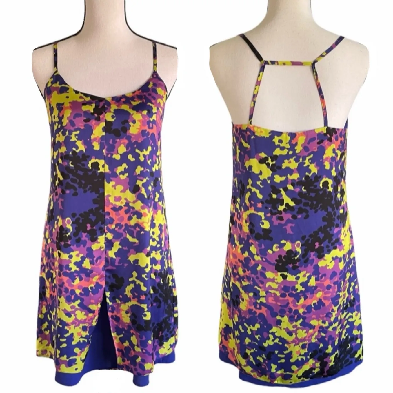 Colorful Abstract Print Strappy Slip Mini Dress Purple Yellow Size 2 - Image 4