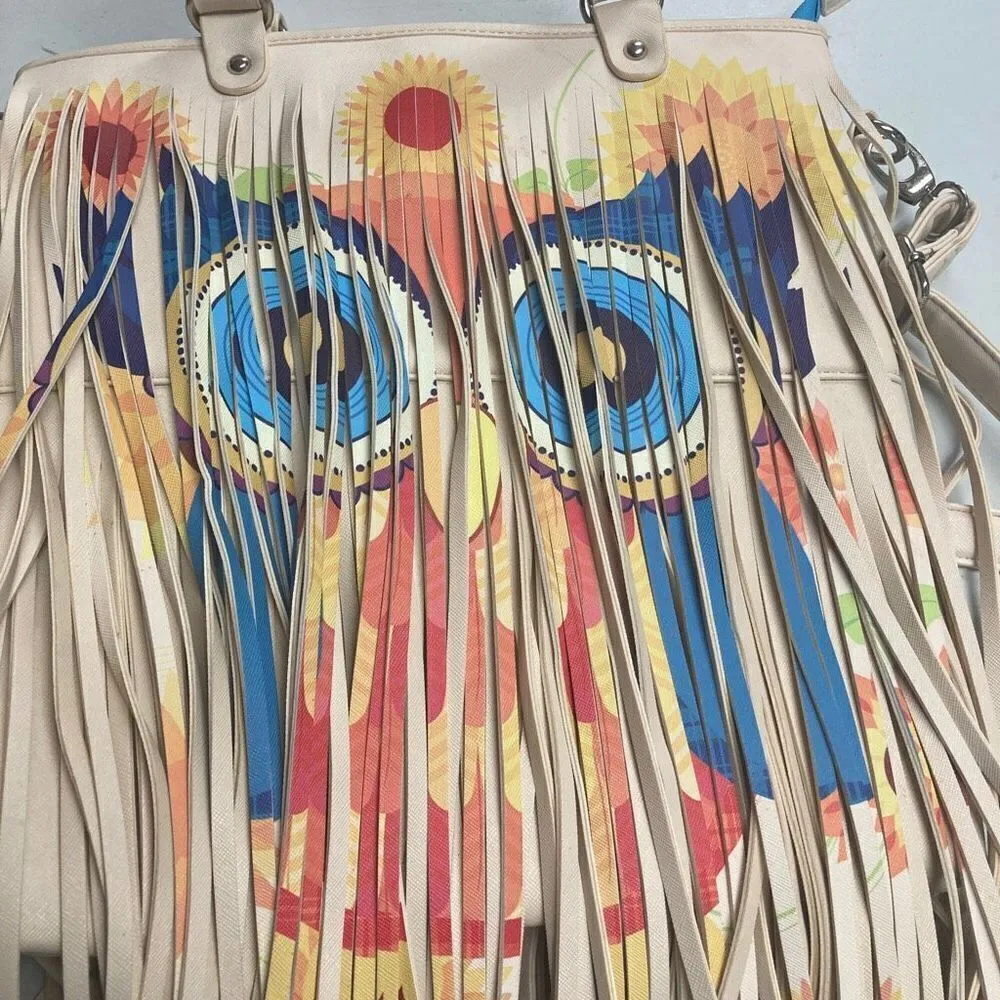 Retro Hippie Fringe With Psychedelic Owl Design‎ Crossbody Shoulder Tote ￼14X13 Blue - Image 4