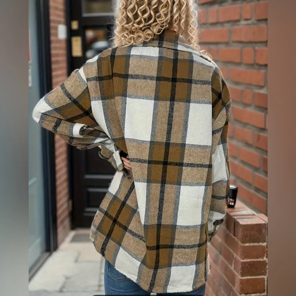 NWOT Plaid Women’s Shaket Top Brown/Tan/Black Color Size L Size L - Image 7