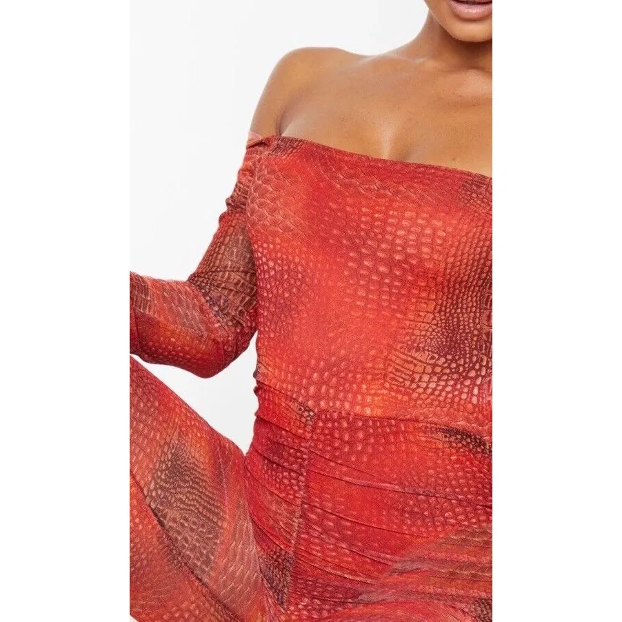 Prettylittlething Orange Croc Mesh Bardot Ruched Jumpsuit Size 8 EUC - Image 4