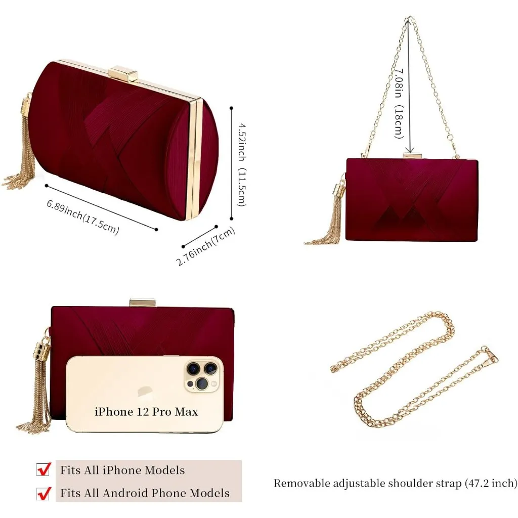 ⚡ Women's Dark Red Elegant Tassel Chain Strap Evening Shoulder Clutch Bag - Image 3