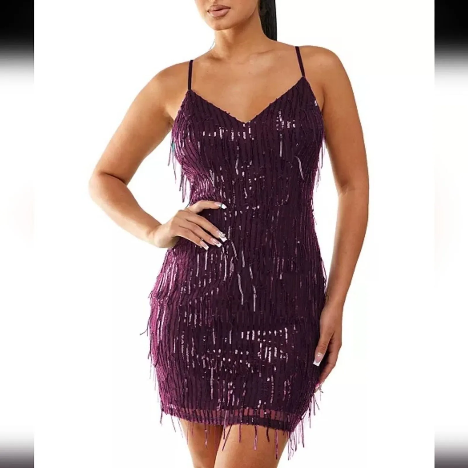City Studio Plus Dress 2X 18 20 Purple Plum Sequin Fringe Sequined Party NWT NEW - Image 2
