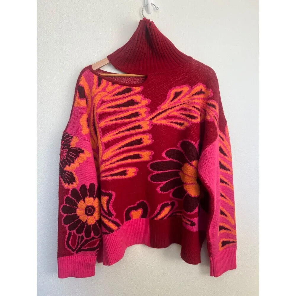 FARM RIO Cutout Asymmetrical Knit Bold Pink Floral Turtleneck Wool Blend Sweater - Image 7