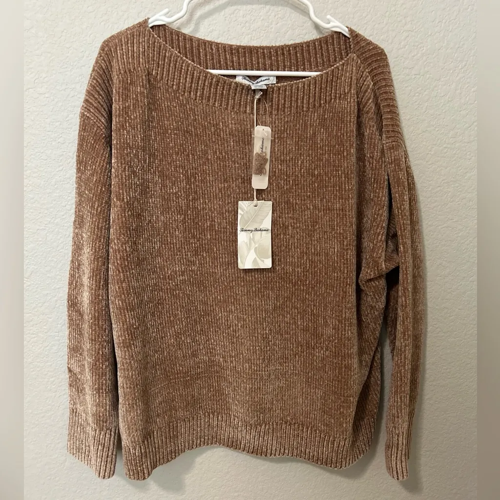 Tommy Bahama Luna Chenille Boat Neck Sweater Caramel Tan Gold Soft Knit NWT - Image 2