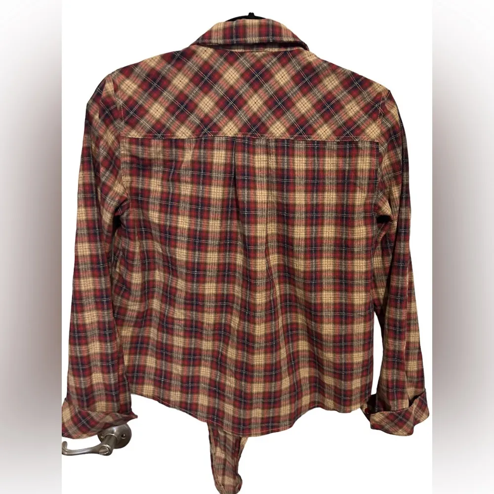 Hem & Thread Brown & Red Plaid Long Sleeve Button Up with Tie Front Size Small - Image 3