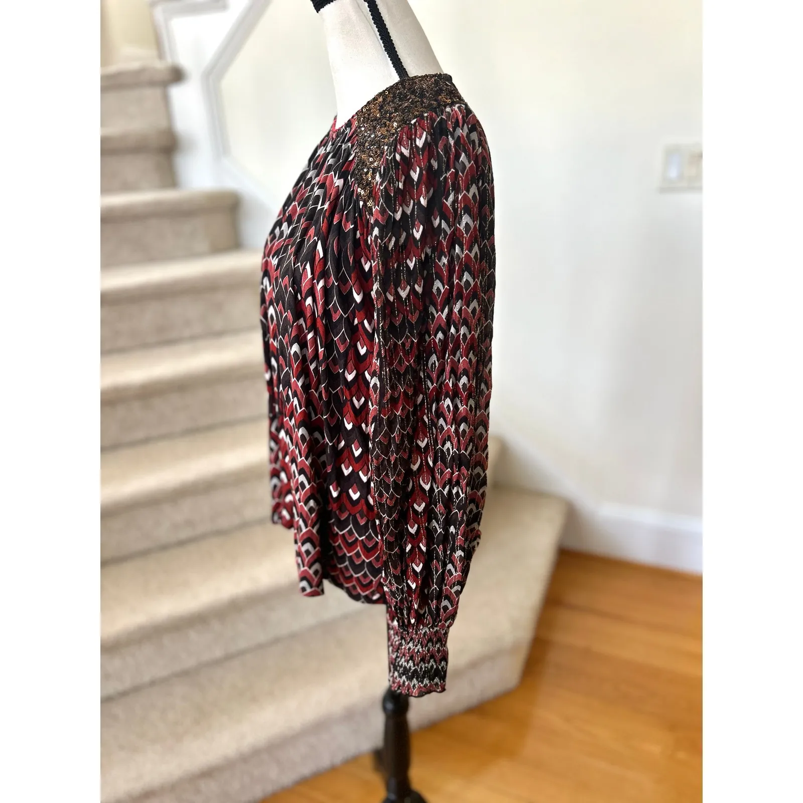 Blank London Anthropologie Red Black Diamond Print Velvet Sequin Blouson Blouse Size L - Image 3