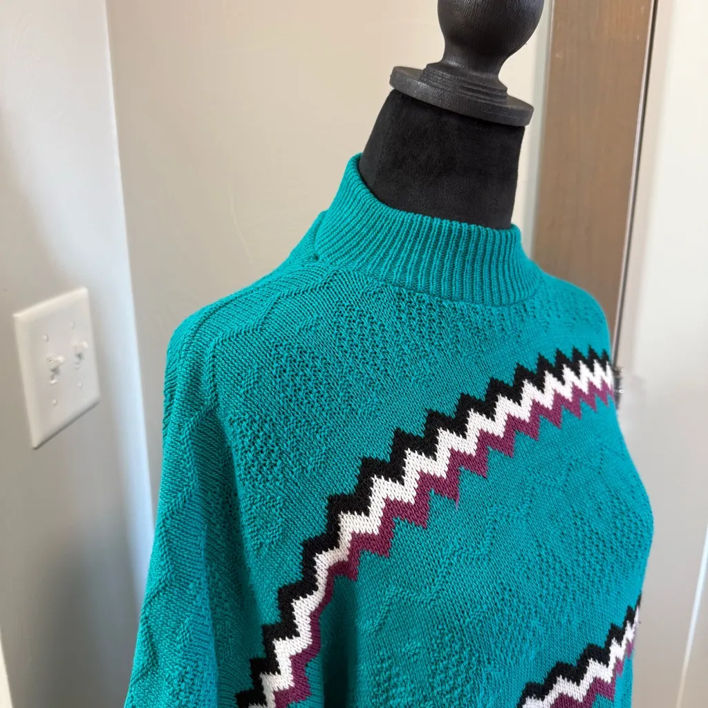 Vintage American Pride Mock Neck Turquoise Geometric‎ Stripe Knit Sweater Granny Blue Size undefined - Image 5
